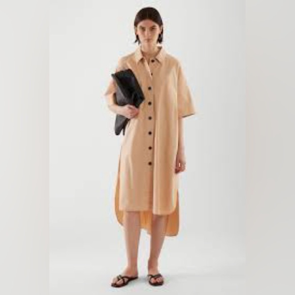 Beige Button-Front Shirt Dress